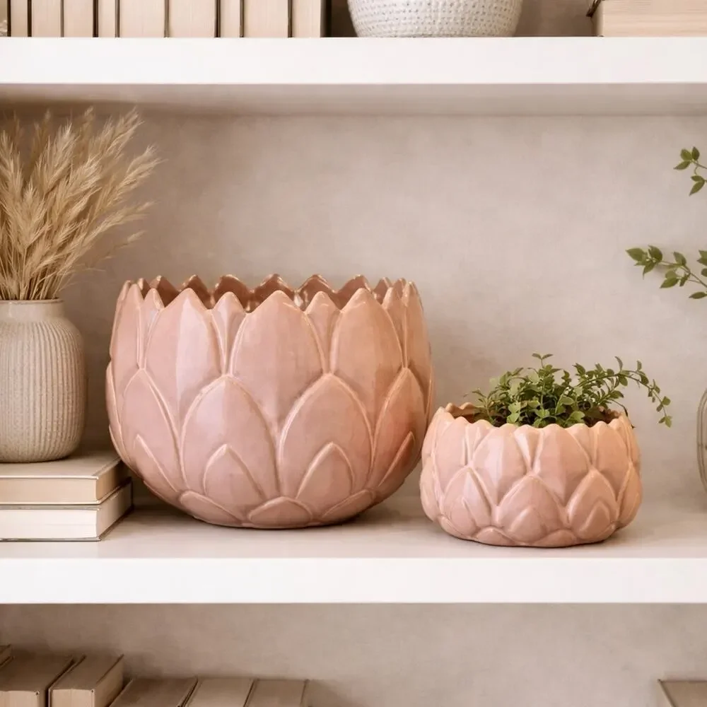 2 Anthropologie Pink Planters Lotus Artichoke 7” & 3” Wide Ceramic Flower Pots